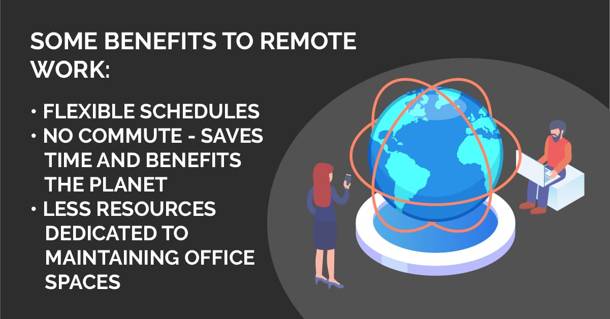 Image: an illustration of two people working with the earth in between them. Text: Some benefits to remote work include flexible schedules, no commute, and less resources dedicated to maintaining office spaces