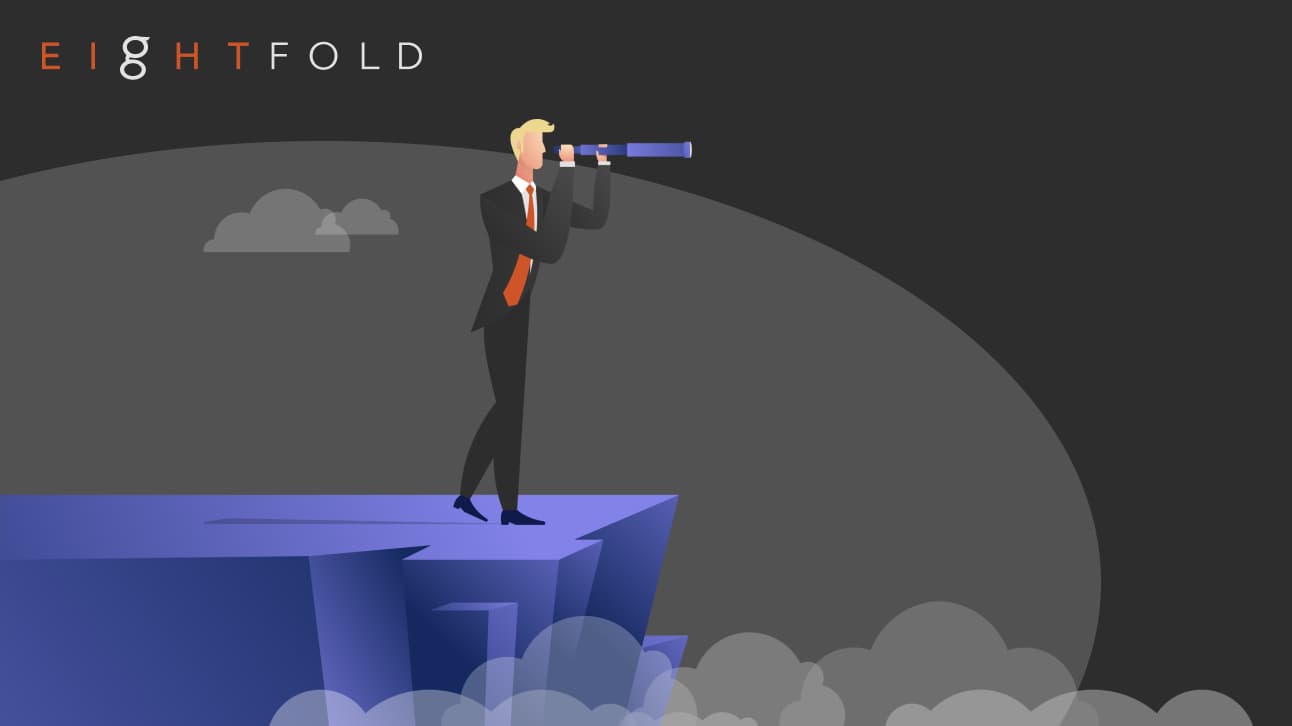 A man in a suit stands on a blue cliff, looking through a telescope into the distance. Dark clouds surround him. "Eightfold" is written in the top-left.