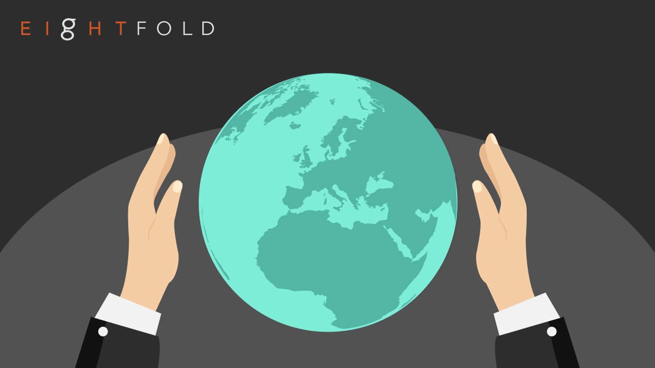 Hands in suits cradle a turquoise Earth against a dark background. The word "EIGHTFOLD" appears at the top left, conveying care and global connection.
