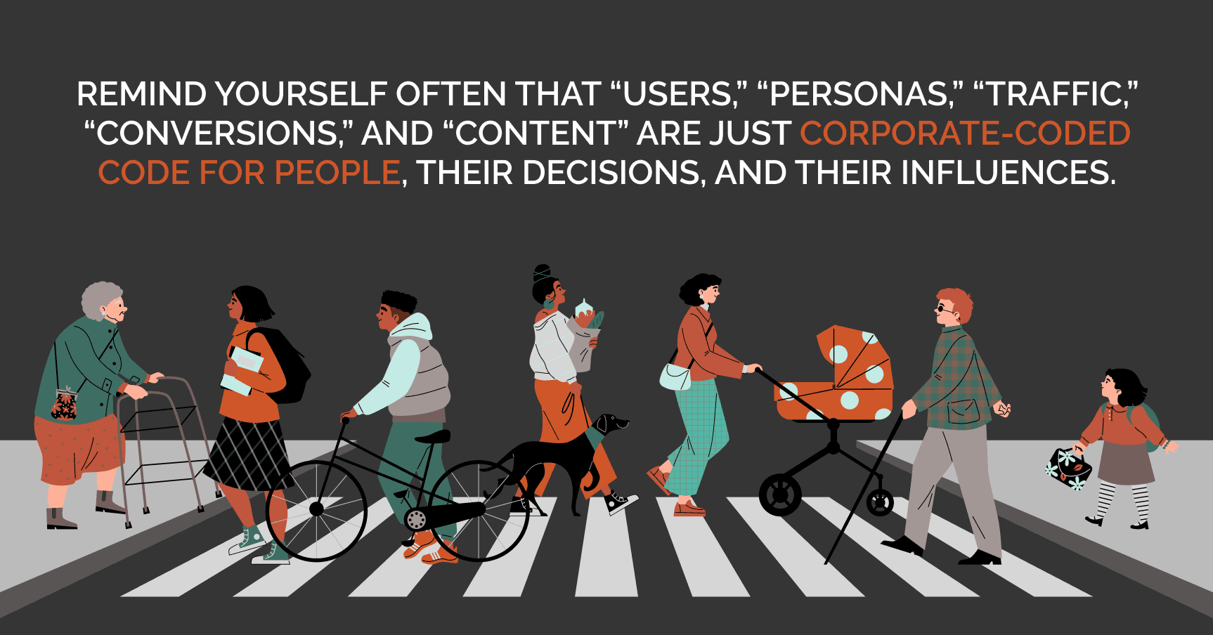A diverse group of people crossing a street on a crosswalk. Above them, text highlights corporate terminology relating to people and their actions.