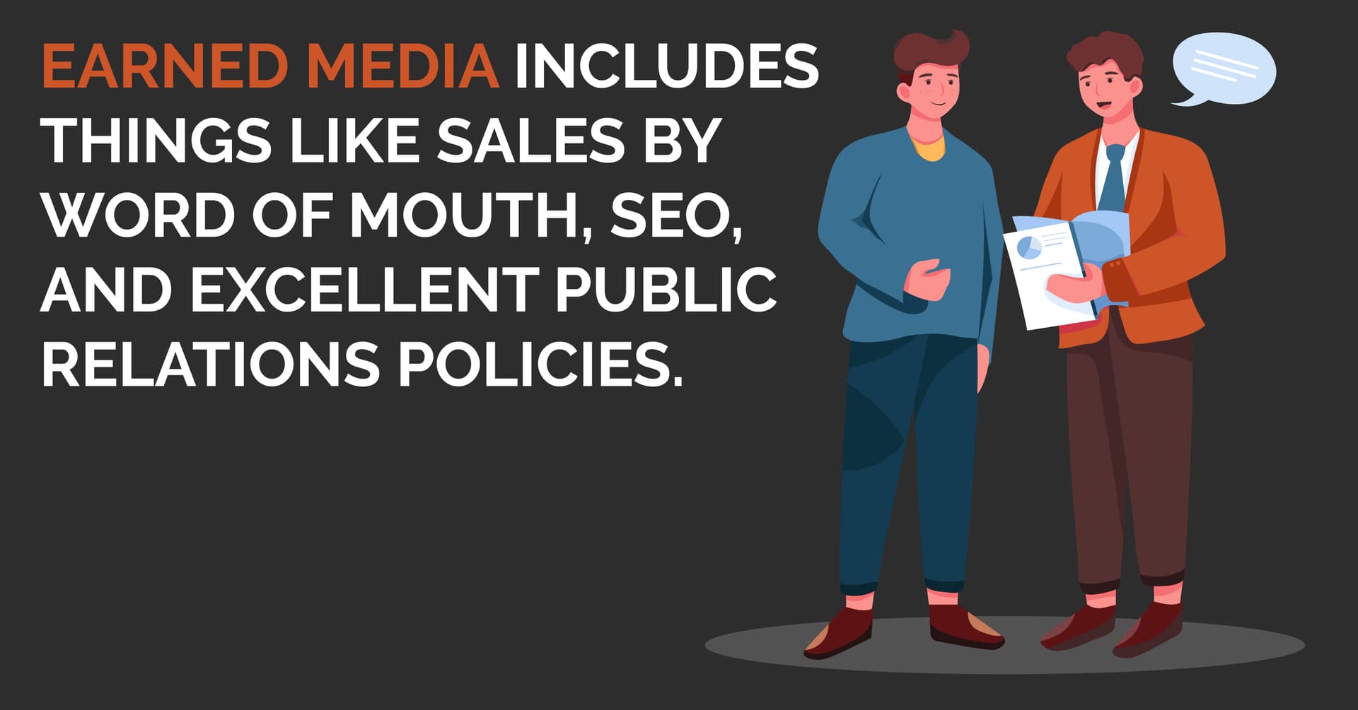 Image: Two coworkers talking to each other, one is holding a report. Text: Earned media includes things like sales by word of mouth, SEO, and excellent public relations policies