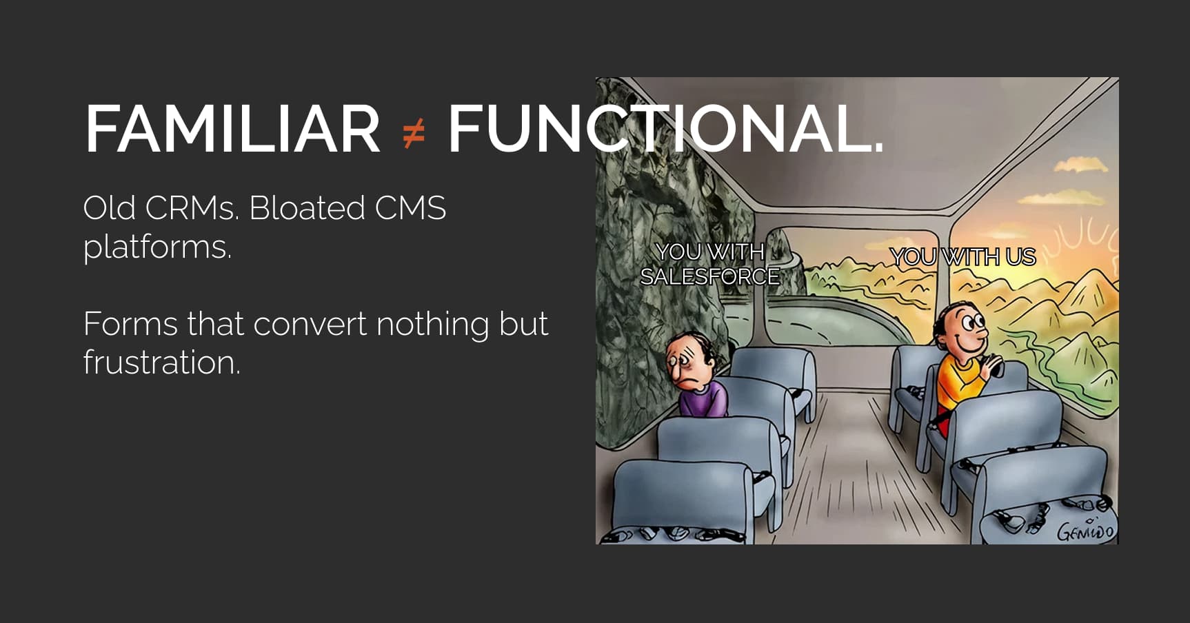 Comic of two bus passengers, one gloomy with old CRMs, the other excited with Volumious. Text highlights inefficiency vs. innovation.