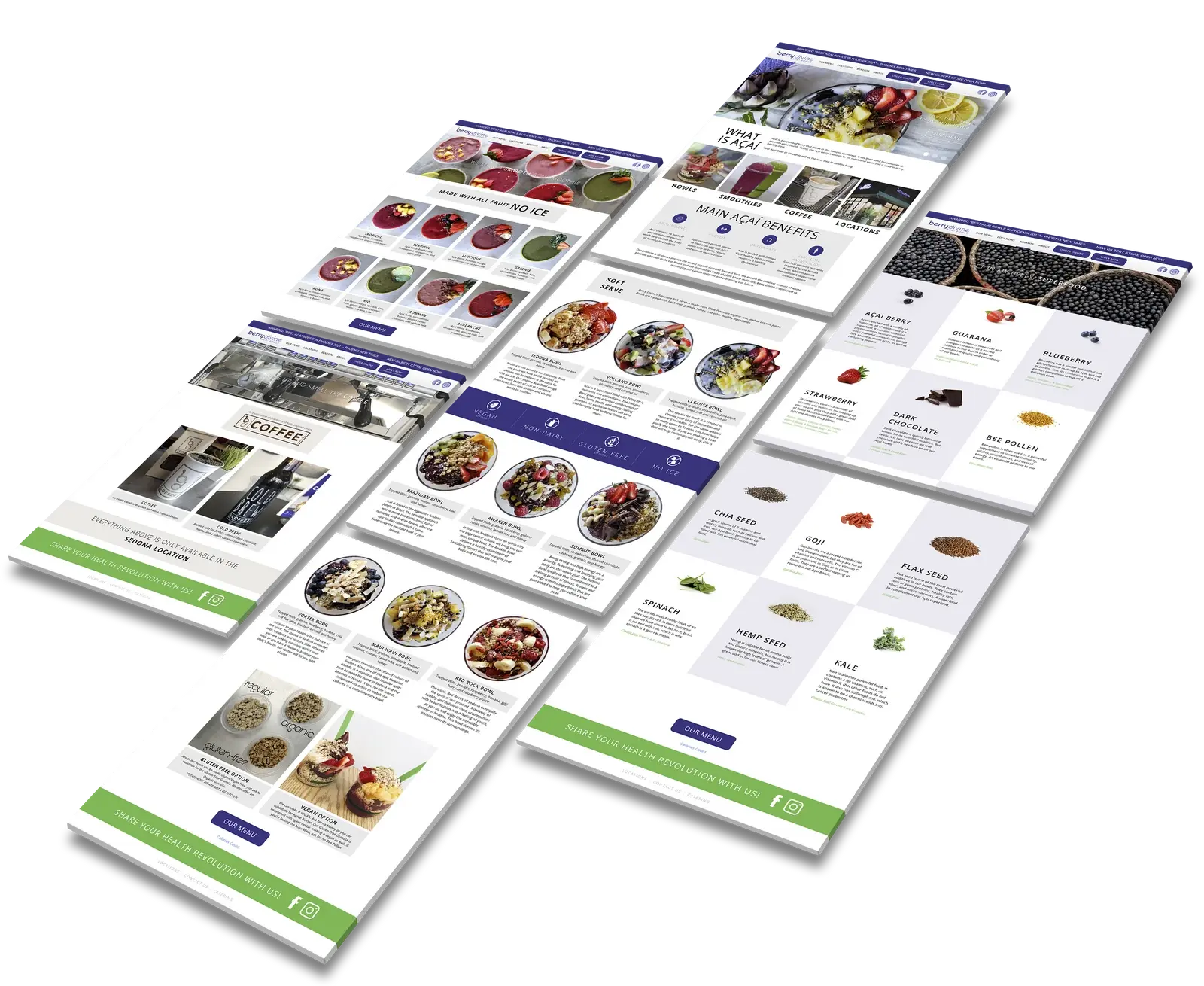 Overhead view of seven web pages showcasing colorful acai bowls, superfood ingredients, and coffee. Each page highlights vibrant visuals and detailed descriptions.