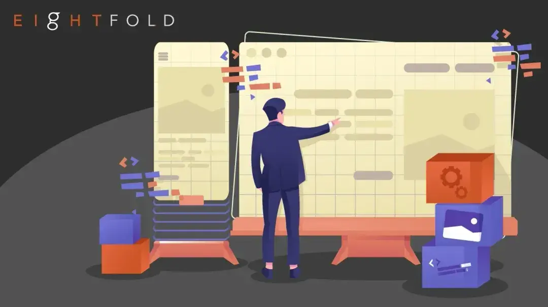 A person in a suit interacts with digital interfaces and coding symbols on large screens. Boxes with gears and icons suggest tech or software design.