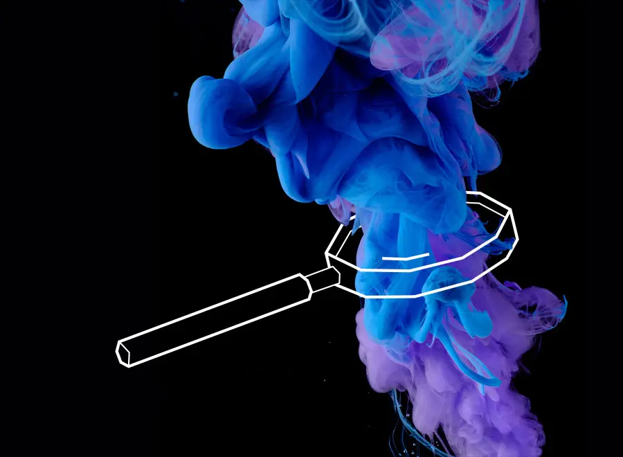 Abstract art featuring a white outlined magnifying glass over swirling blue and purple smoke on a black background.