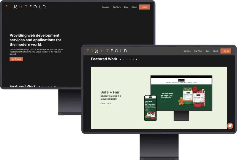 Two monitors. One is displaying Eightfold's home page, the other is displaying Eightfold's case study page