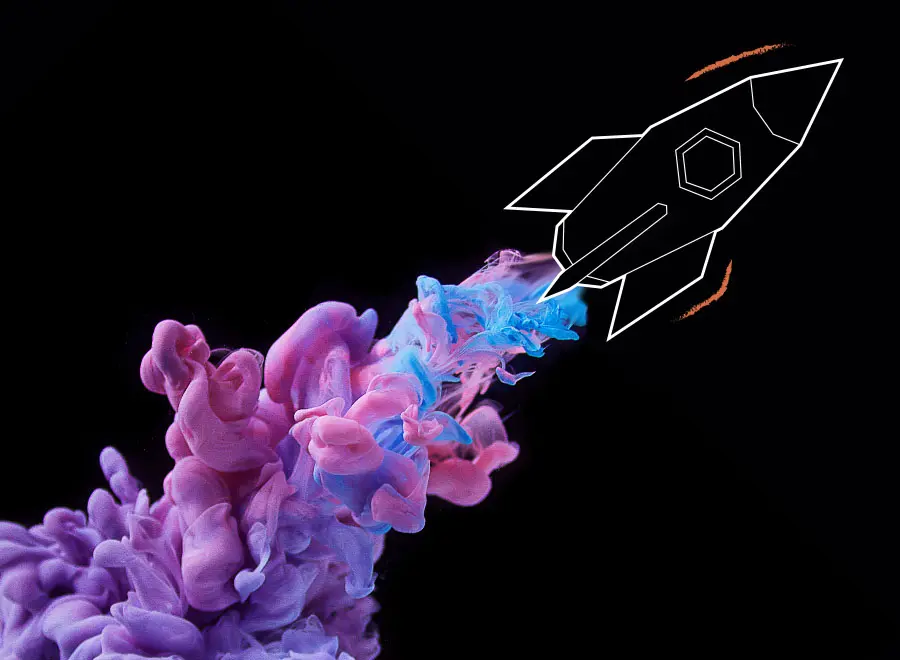 Outline of a rocket launching with colorful pink and blue smoke on a black background.