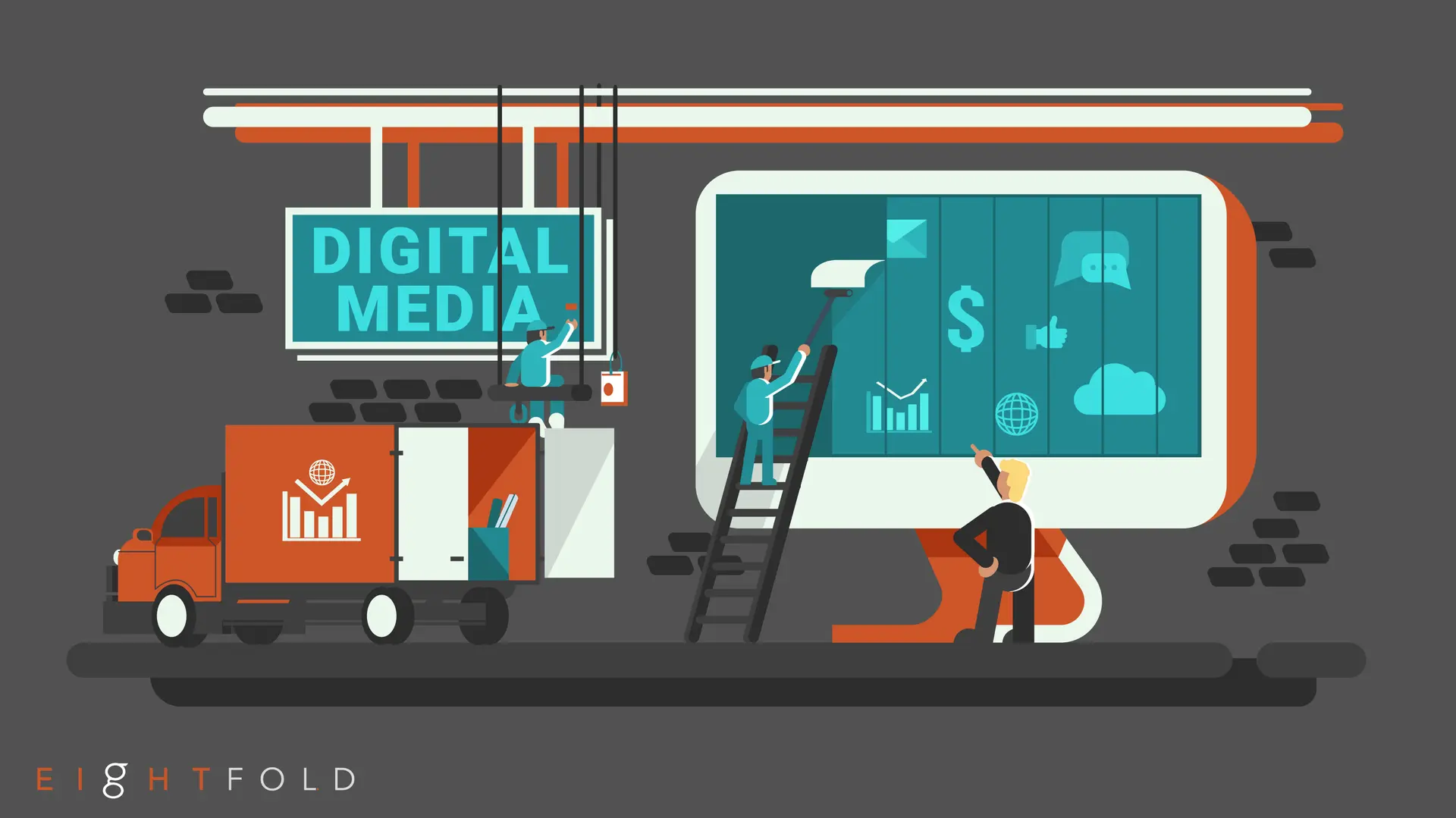 An illustrative graphic of two men hanging a icons on a giant computer monitor as if it were a billboard.