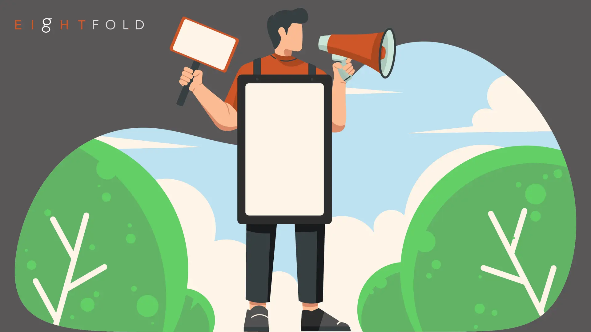 Illustration of a person holding a megaphone and sign, wearing a blank sandwich board, with stylized trees and a blue sky in the background. Text reads 'Eightfold.'