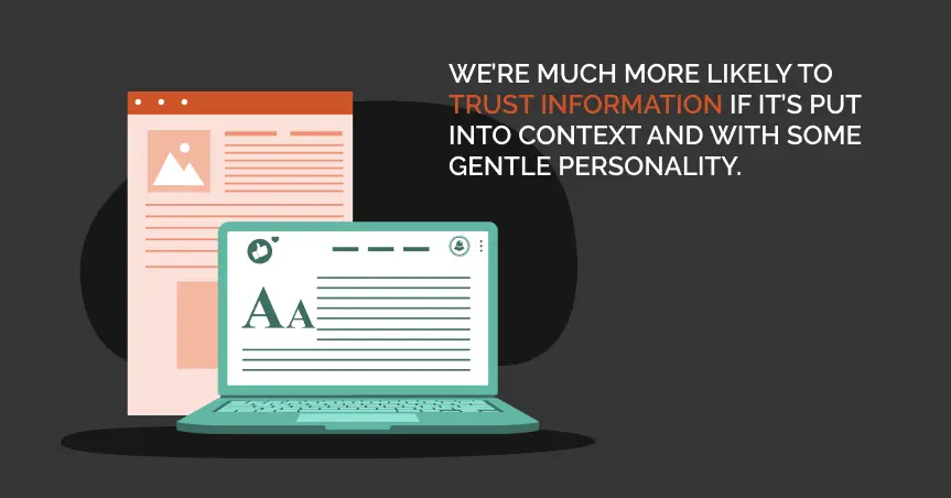 Illustration of a laptop with text and a web page alongside, highlighting trust in information when context and personality are provided.