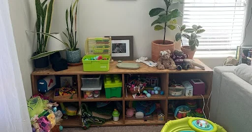 Wooden cubby shelves filled with toys and bins, topped with potted plants and a framed photo.