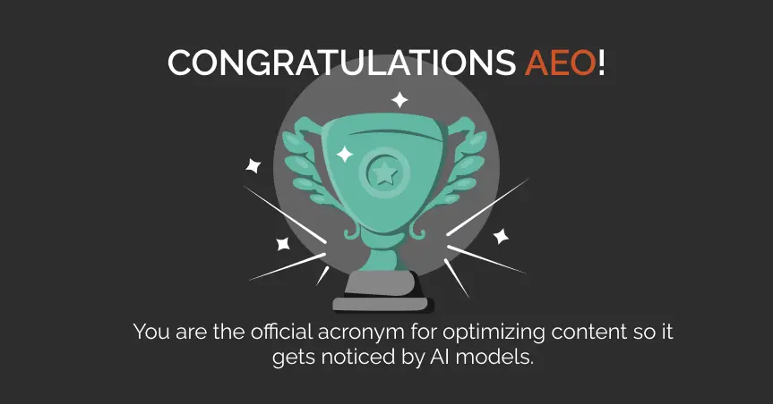 Illustration of a trophy with text: "Congratulations AEO! You are the official acronym for optimizing content so it gets noticed by AI models."