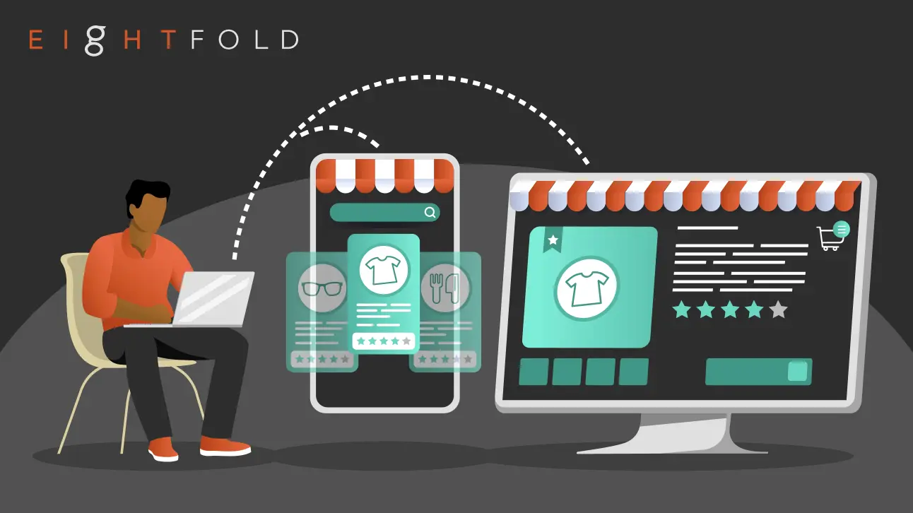 A person using a laptop faces a digital storefront on a phone and computer screen. Icons symbolize online shopping, conveying a seamless e-commerce experience.