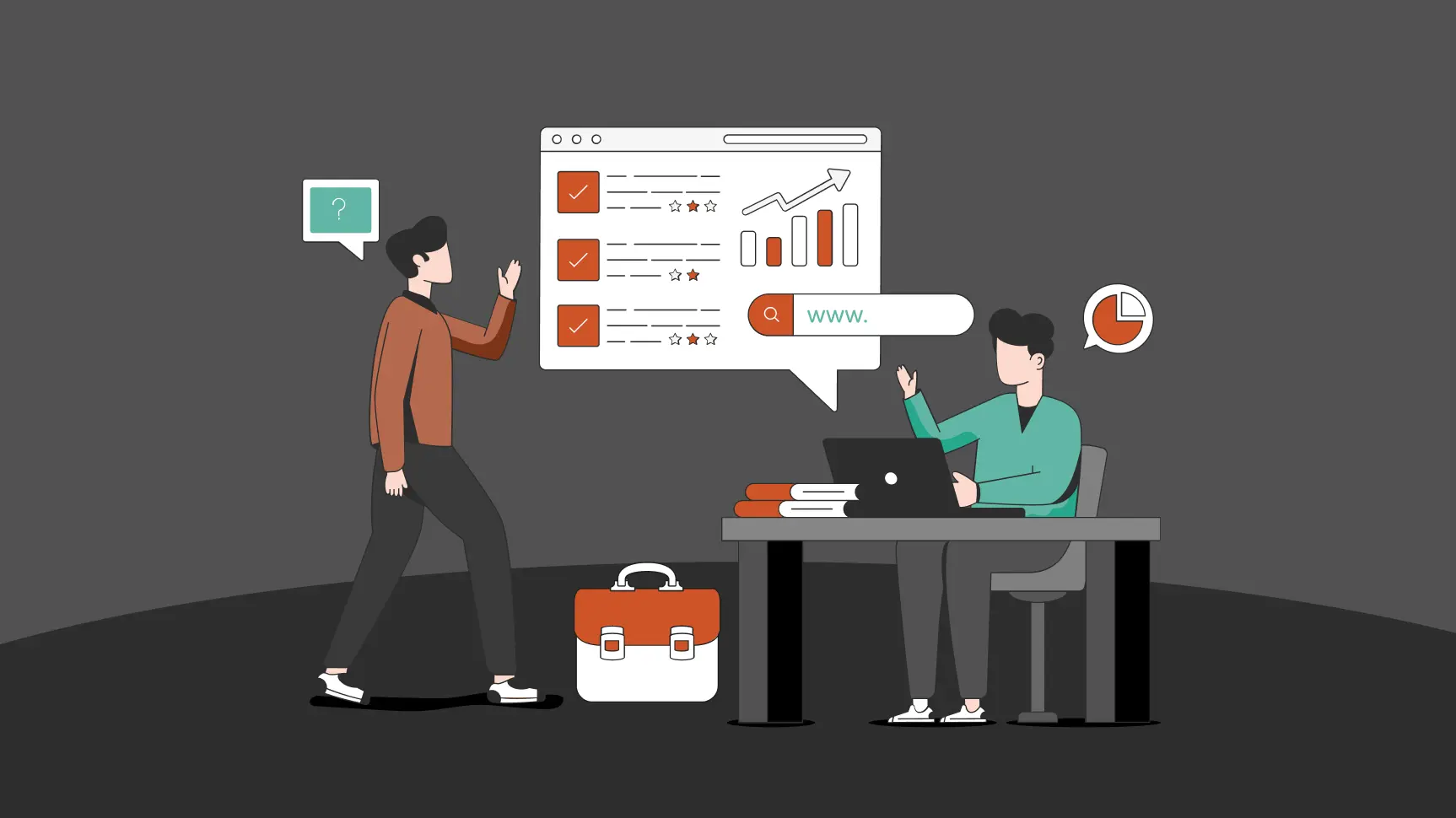Illustration of two people interacting. One stands with a question bubble, while the other sits at a desk with a laptop, graphs, and charts.
