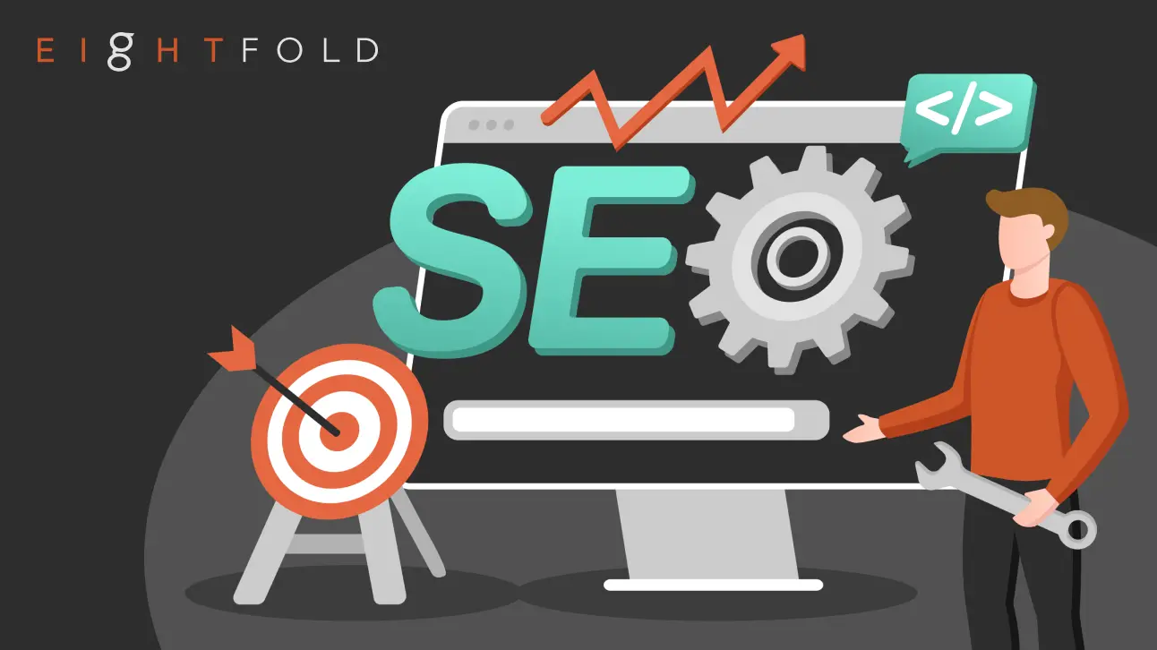Illustration of SEO with a computer monitor displaying "SEO" beside a gear. A target with an arrow and person holding a wrench convey strategy and optimization.