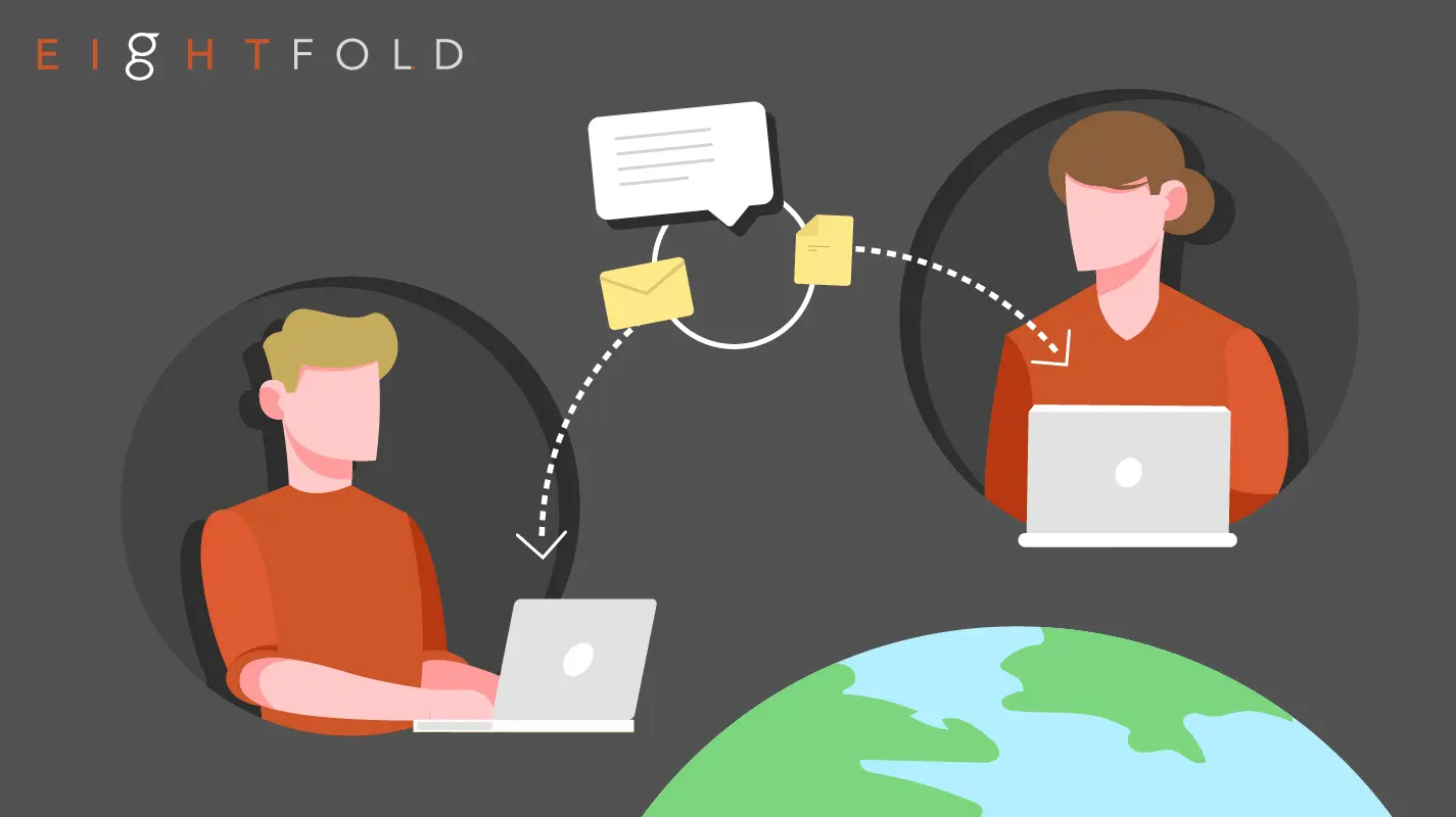 Illustration of two people using laptops, exchanging messages and emails. A globe at the bottom suggests global communication. Background is dark gray.